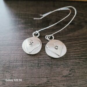 Hand Stamped Heart Initial Dangle Earrings Silver Tone Drop‎